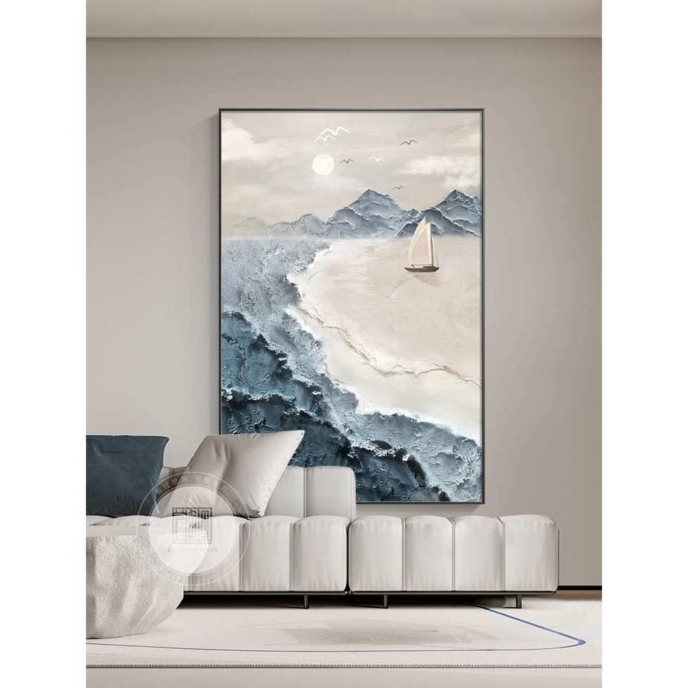 Tranh in canvas treo tường biển trừu tượng giả sơn dầu 60 x 90 cm