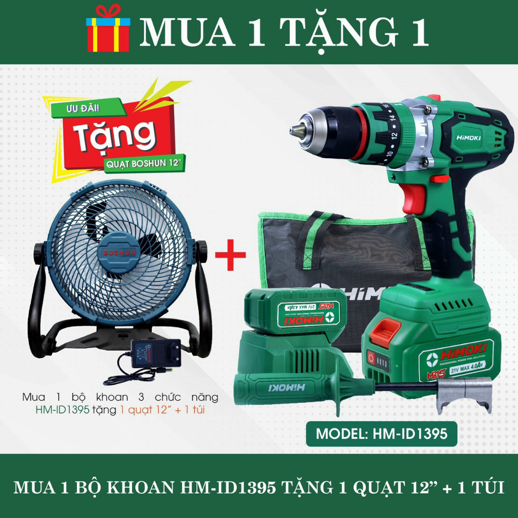 Khoan pin 3 chức năng HIMOKI HM-ID1395 Không chổi than siêu khỏe, Máy khoan pin đầu kẹm 13mm có autolock ruột đồng 100%