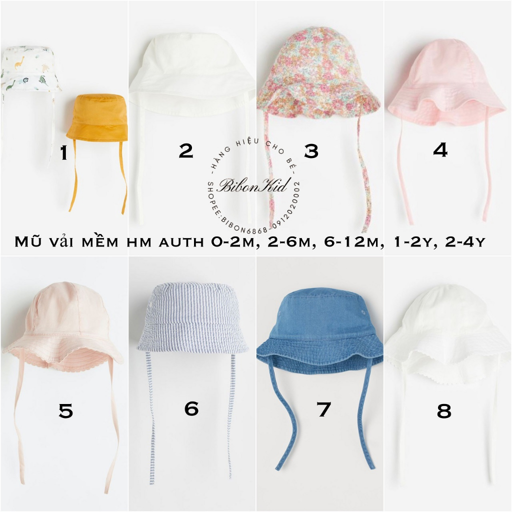 Mũ vải mềm bé trai,bé gái HM ES/US/UK/JP size 0-2m, 2-6m, 6-12m, 1-2y, 2-4y