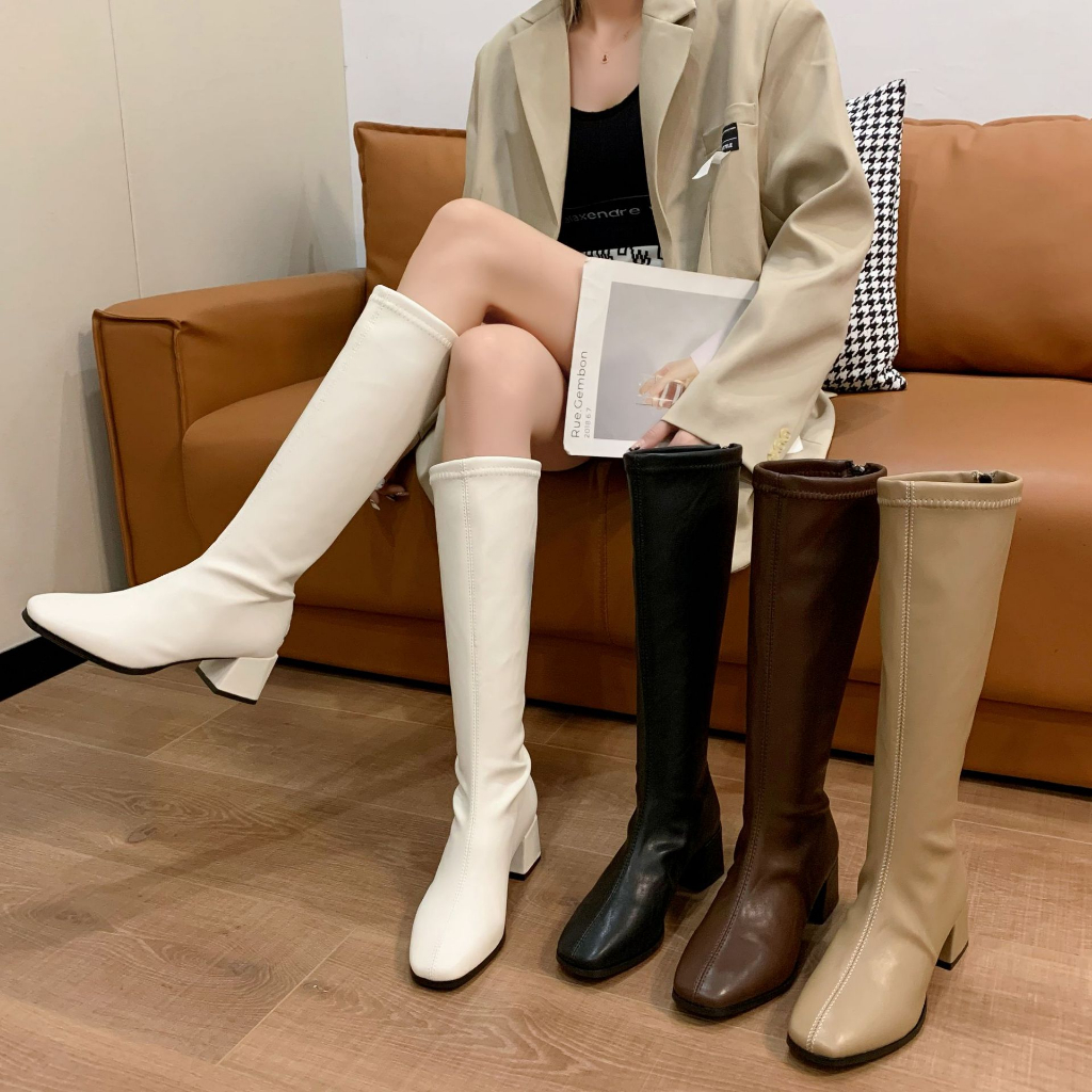 Bốt đùi cao cổ đế vuông 5 cm Da mềm khóa sau, Boot Đùi Da Form Mềm