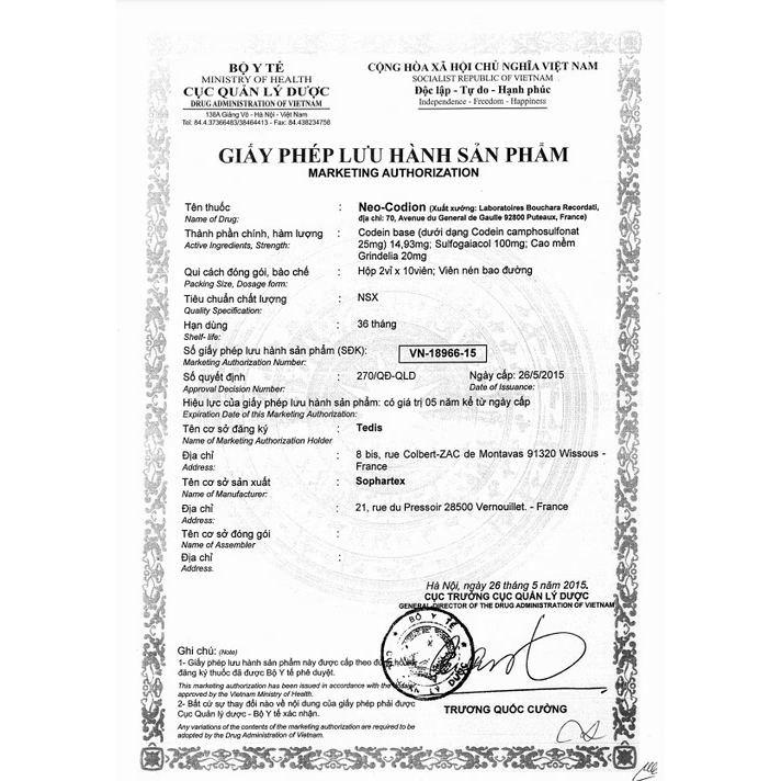 Viên giảm ho pháp Néo-codíon ,Hộp 2 vỉ 20 viên