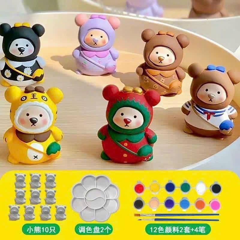 Set tô tượng gấu mini Ku.romi hoat hình 3D thạch cao tặng kèm màu dụng cụ vẽ