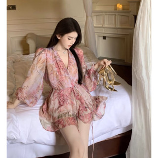  Váy voan hoa nhí hồng dáng xoè nhẹ nhàng tinh tế phong cách tiểu thư xinh xắn Đầm Hoa Dáng Dài Cổ Chữ v Ôm Eo Ulzzang 