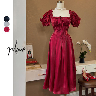 Đầm maxi trơn nữ cổ vuông tay ngắn chất tơ óng 3 màu MIMIX DK7250