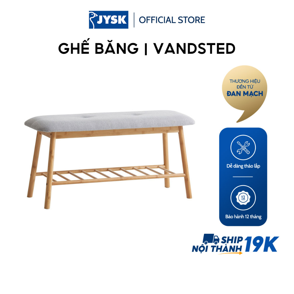 Ghế băng | JYSK Vandsted | khung tre mút bọc vải màu xám/tre | 90x45x34cm