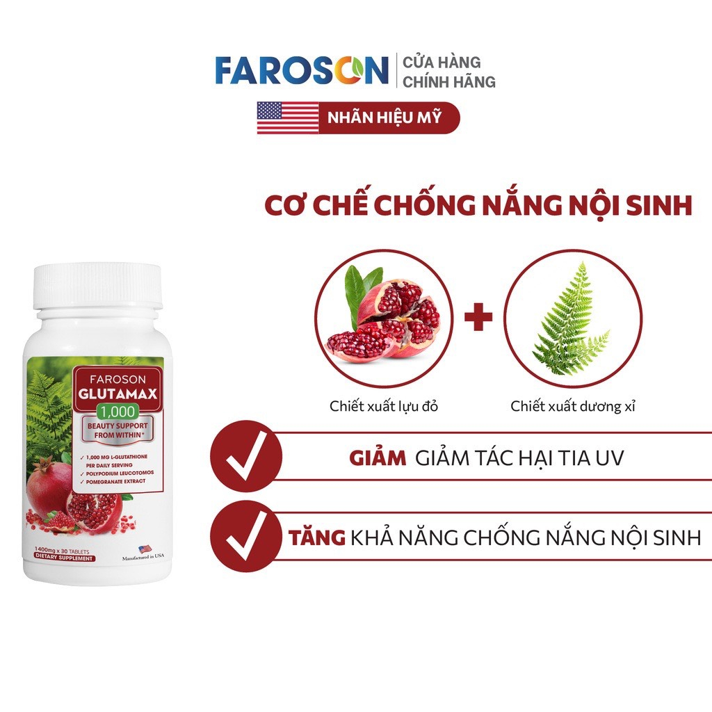Viên Uống Giảm Nám Trắng Da Chống Nắng Faroson Glutamax 1000 30 Viên Hàng Công Ty