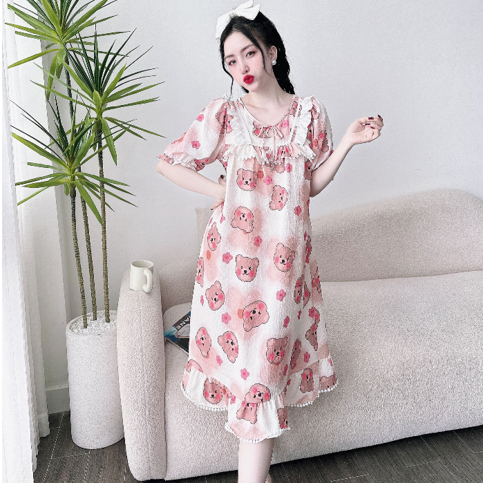 Váy Ngủ Tiểu Thư SOJUN Đầm Đũi Xốp Phối Ren 45-70kg freesize