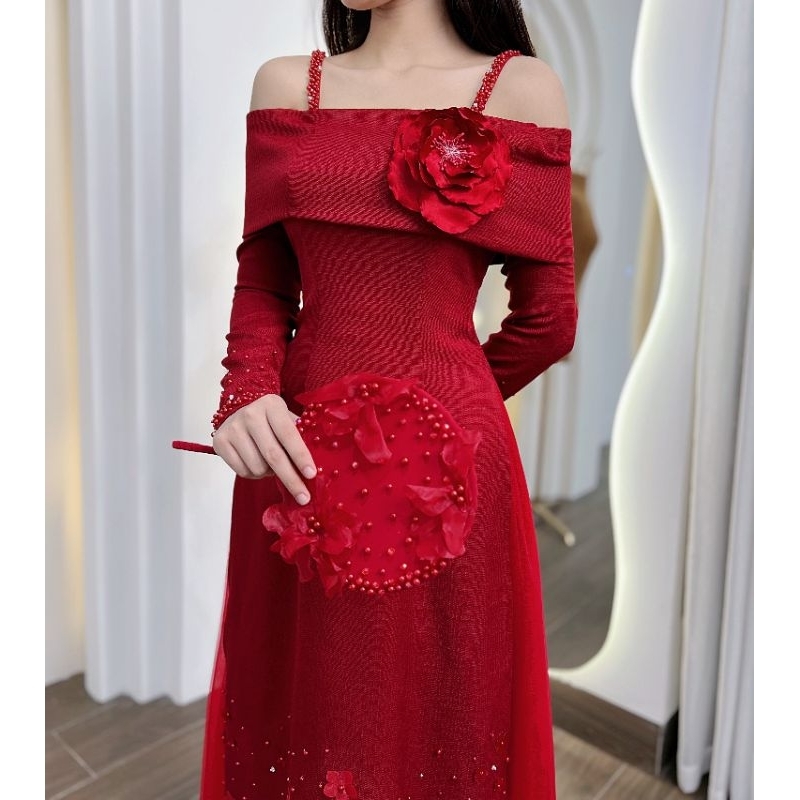 Áo dài vai ngang tay dài tiệc hỏi cưới