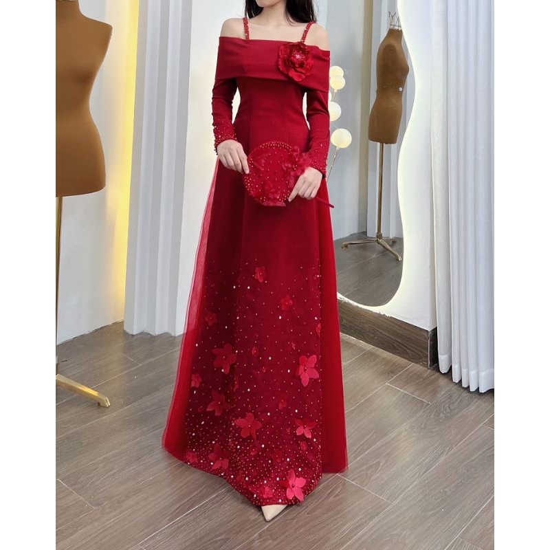 Áo dài vai ngang tay dài tiệc hỏi cưới