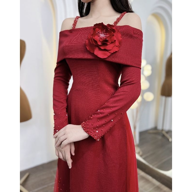 Áo dài vai ngang tay dài tiệc hỏi cưới