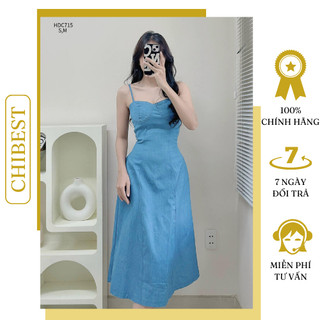 Đầm jean dài 2 dây lưng đan nơ phong cách tiểu thư dể thương CHIBEST HDC715