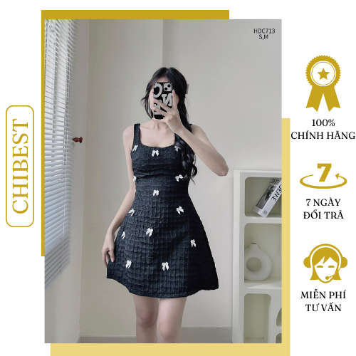 Đầm A sát nách xốp ô đính nơ dáng ngắn phong cách tiểu thư CHIBEST HDC713