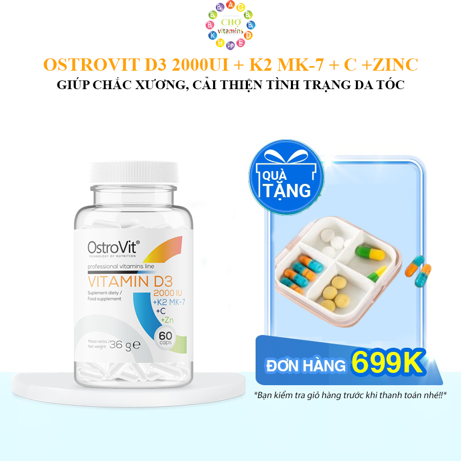 OstroVit Vitamin D3 2000 IU + K2 MK-7 + C + Zn - Giúp Chắc Xương, Cải Thiện Tình Trạng Da Tóc, Thị Lực