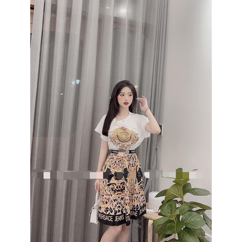 Set bộ đồ nữ áo cotton họa tiết versace mix chân váy tiểu thư cực trẻ trung
