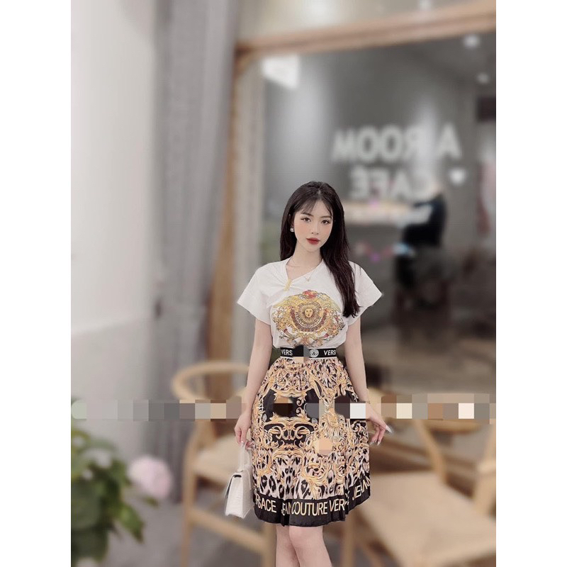 Set bộ đồ nữ áo cotton họa tiết versace mix chân váy tiểu thư cực trẻ trung
