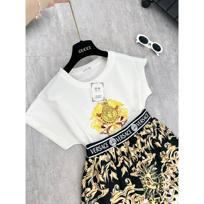 Set bộ đồ nữ áo cotton họa tiết versace mix chân váy tiểu thư cực trẻ trung