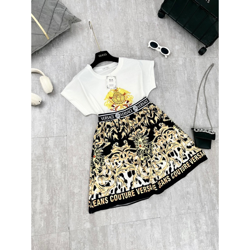 Set bộ đồ nữ áo cotton họa tiết versace mix chân váy tiểu thư cực trẻ trung