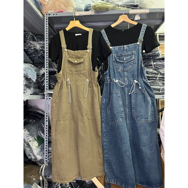 Váy yếm jean chun eo dáng dài phom to