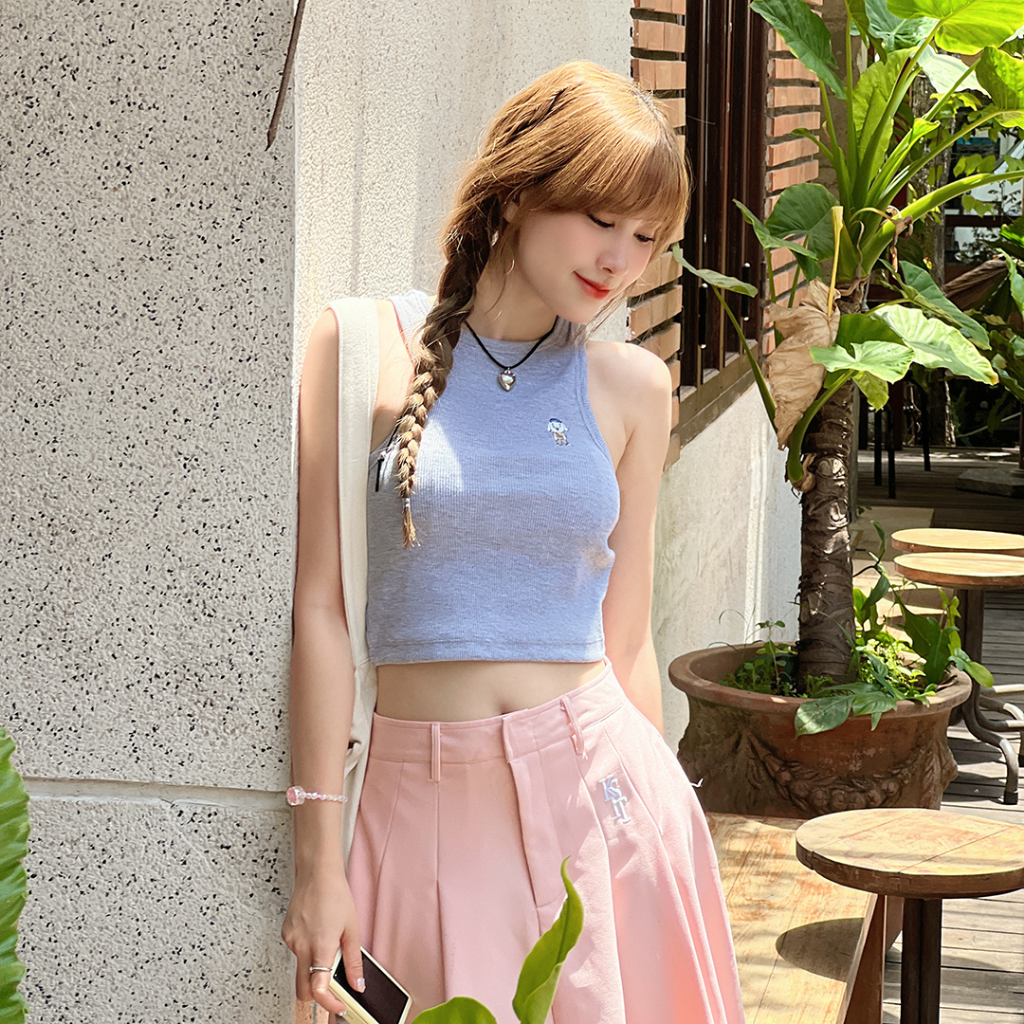 Áo Tanktop Grau Ba Lỗ Hai Dây Nữ Logo Thêu, Vải Thun Gân Co Giãn, Dáng Croptop