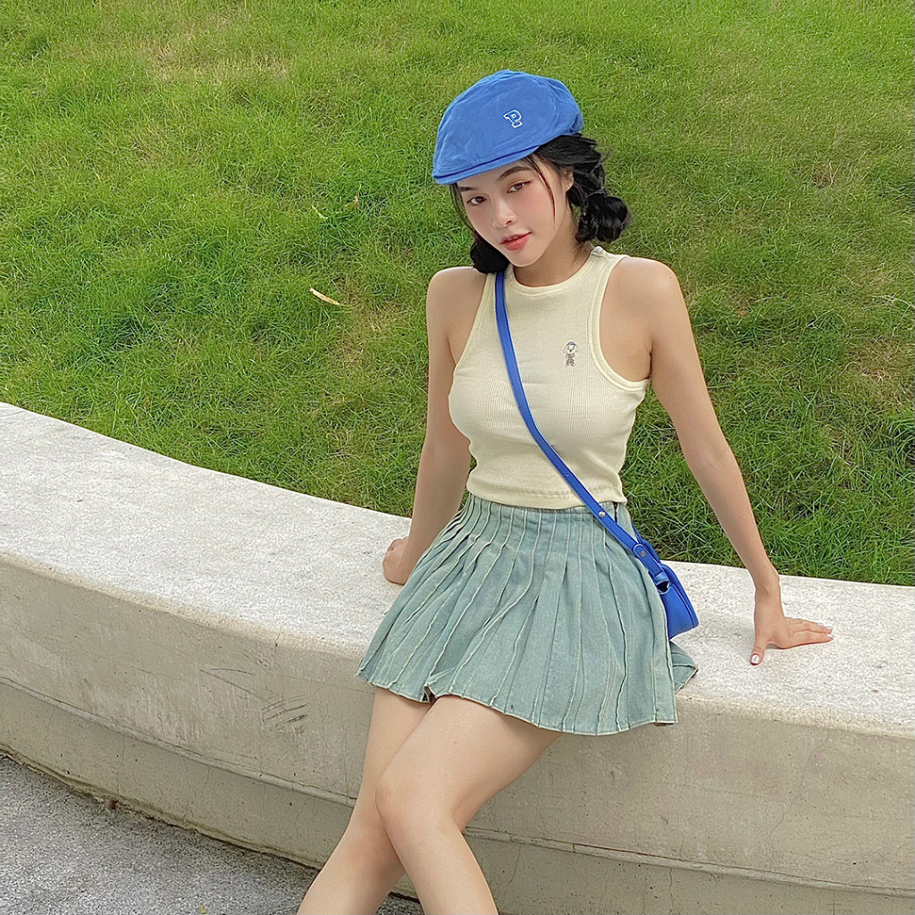 Áo Tanktop Grau Ba Lỗ Hai Dây Nữ Logo Thêu, Vải Thun Gân Co Giãn, Dáng Croptop