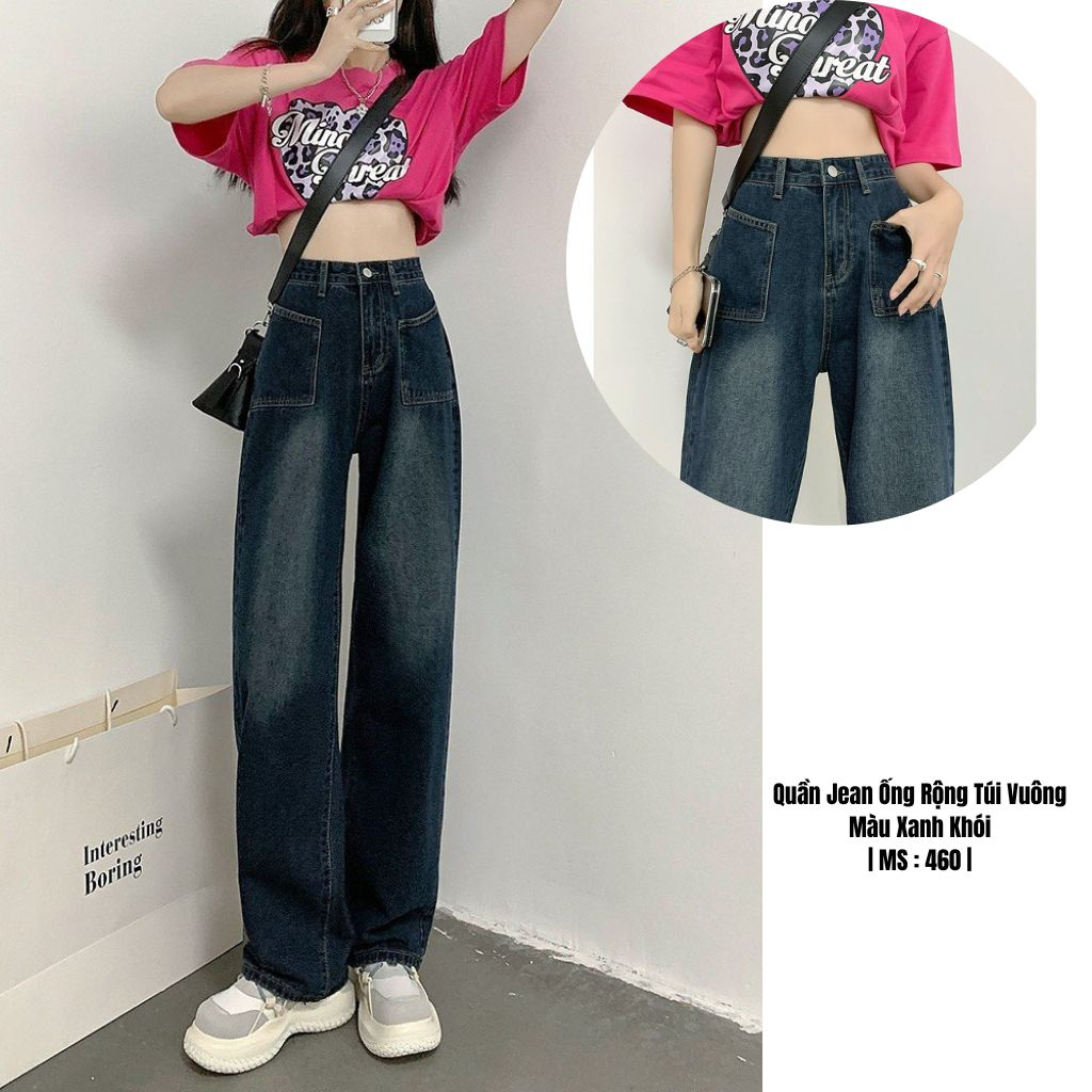 Quần Jean Ống Rộng Túi Vuông Cạp Cao Dáng Suông Trơn Có Wash Màu Cá Tính , Quần Jean có 2 Màu Xanh Và Xám - 460