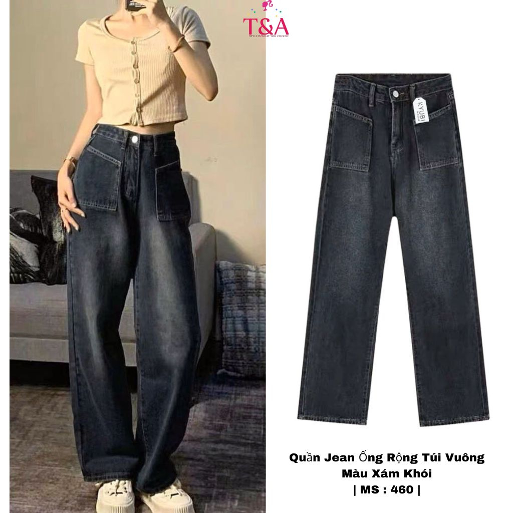 Quần Jean Ống Rộng Túi Vuông Cạp Cao Dáng Suông Trơn Có Wash Màu Cá Tính , Quần Jean có 2 Màu Xanh Và Xám - 460