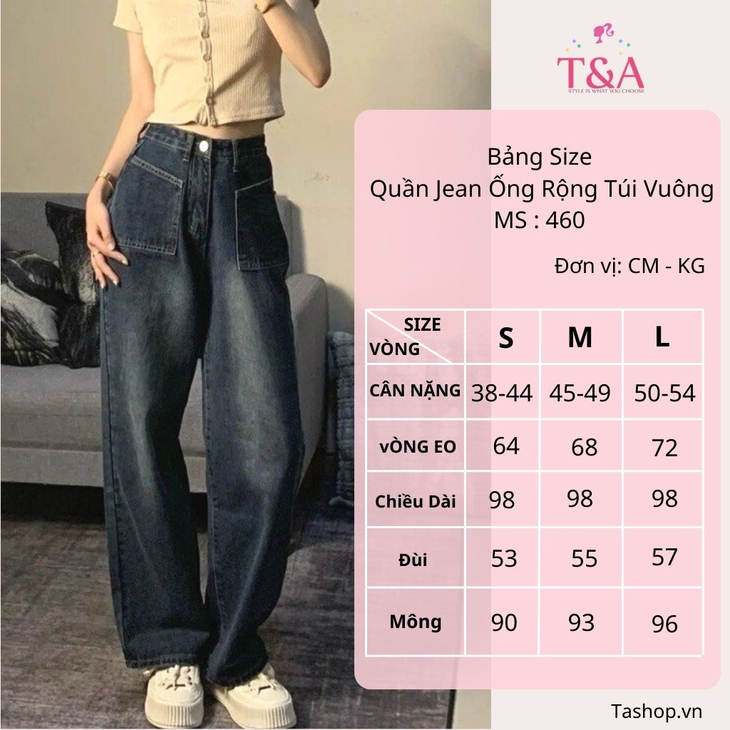 Quần Jean Ống Rộng Túi Vuông Cạp Cao Dáng Suông Trơn Có Wash Màu Cá Tính , Quần Jean có 2 Màu Xanh Và Xám - 460