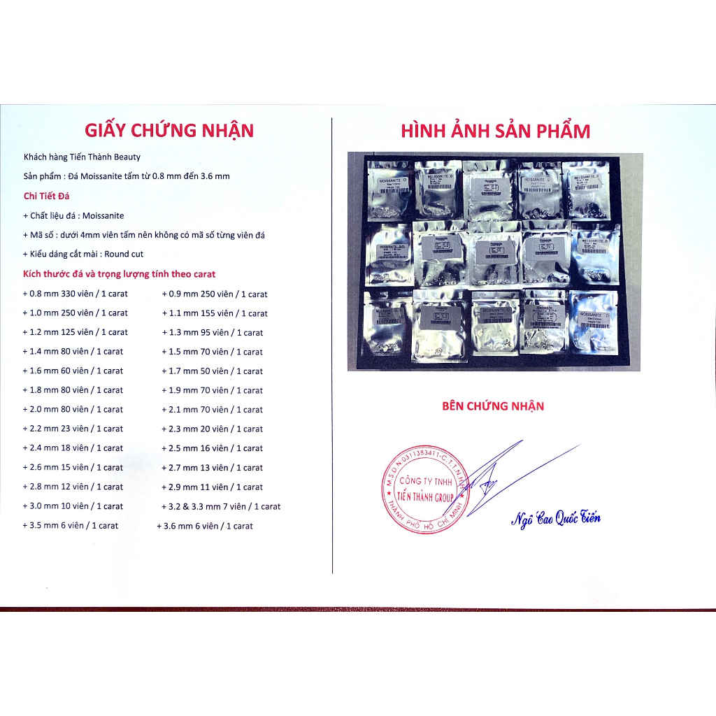Moissanite tấm size 0.8mm đến 3.6mm, ép sẵn 1 tép là 1carat kim cương nhân tạo, kim cương nuôi