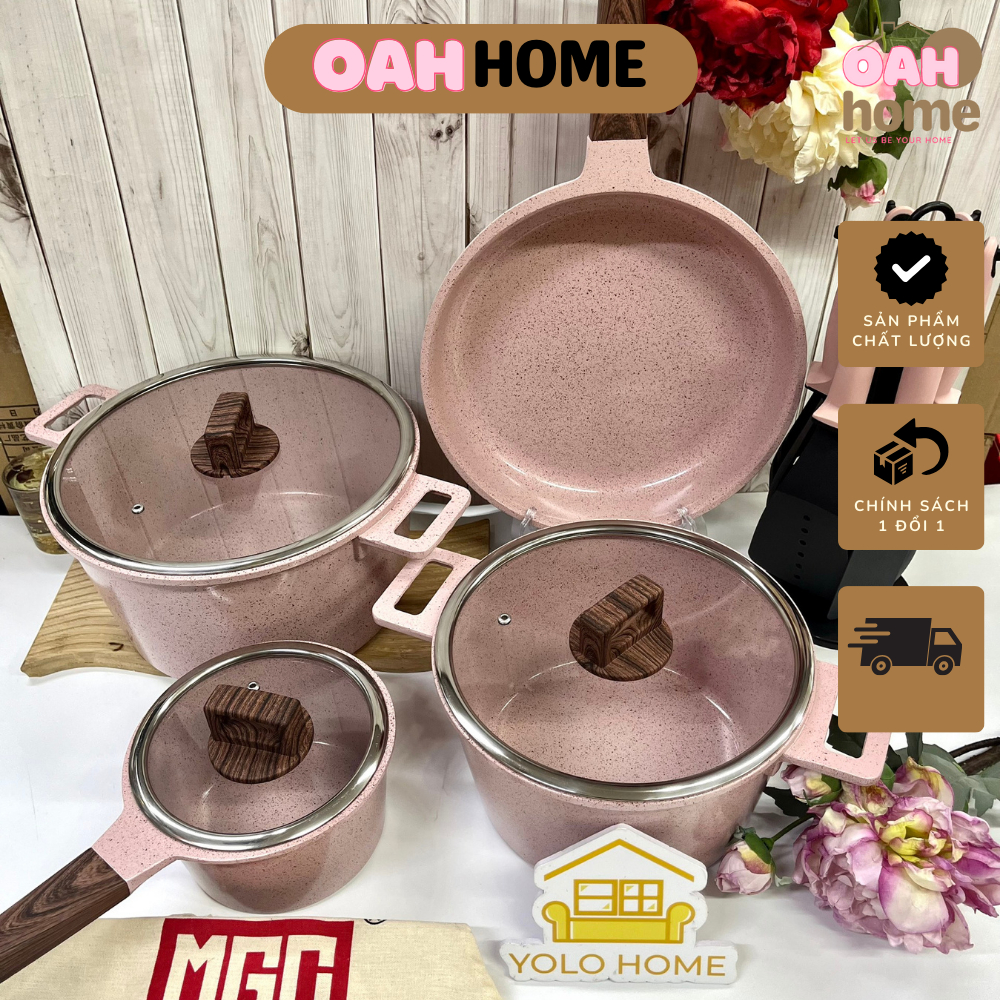 BỘ NỒI CHẢO HỒNG mgc XINH XẮN TẶNG KÈM BỘ DỤNG CỤ NẤU ĂN