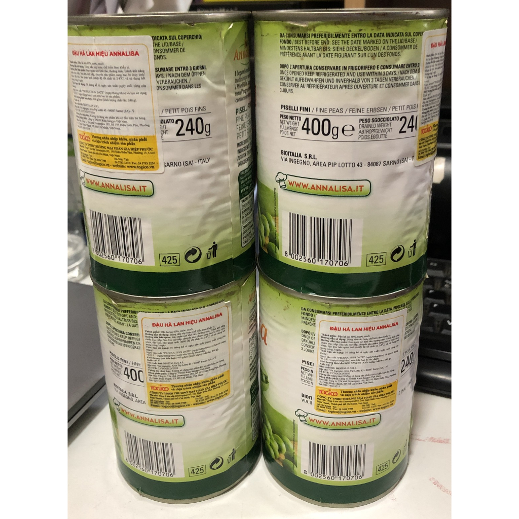 Đậu hà lan hiệu Annalisa 240gr/400gr của Ý - Date 31/12/2023