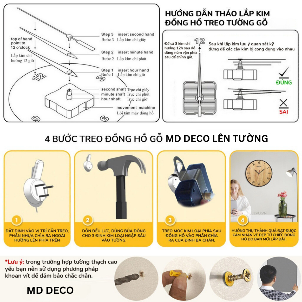 Đồng hồ gỗ treo tường quartz cao cấp tinh tế kim trôi