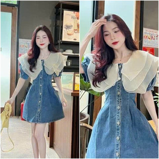ĐẦM xòe JEAN PHỐI CỔ BÈO CÀI NÚT cổ bèo sơ mi ôm eo trẻ trung hack dáng