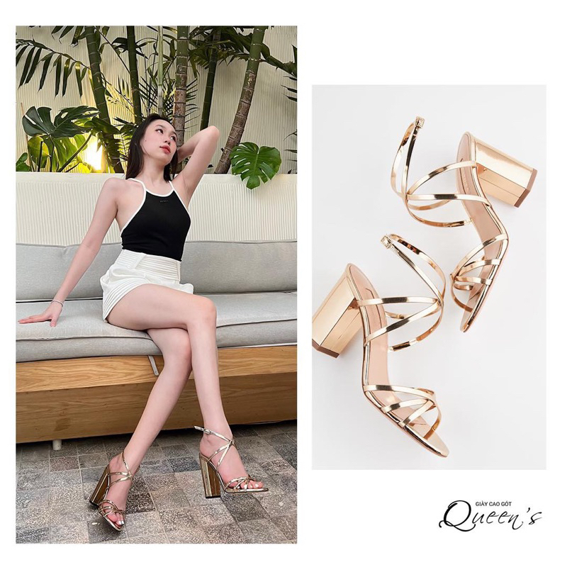 Giày Cao Gót Nữ Đế Vuông 7P Gold Dây Mảnh QUEENS STORE sang chắc chân tôn da cao 7-9-11p