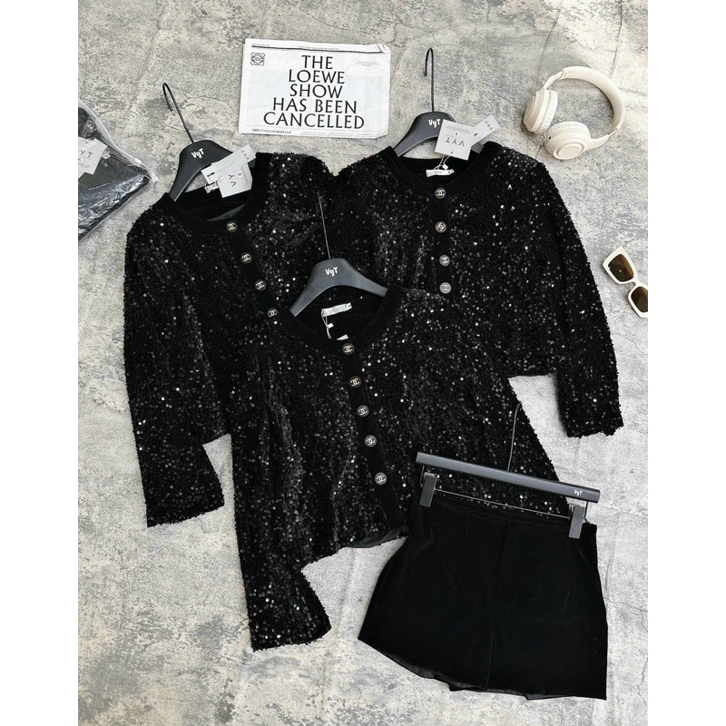 Áo Kim Sa Phối Nhung Áo 2 Lớp Đính Khuy Sang Chảnh