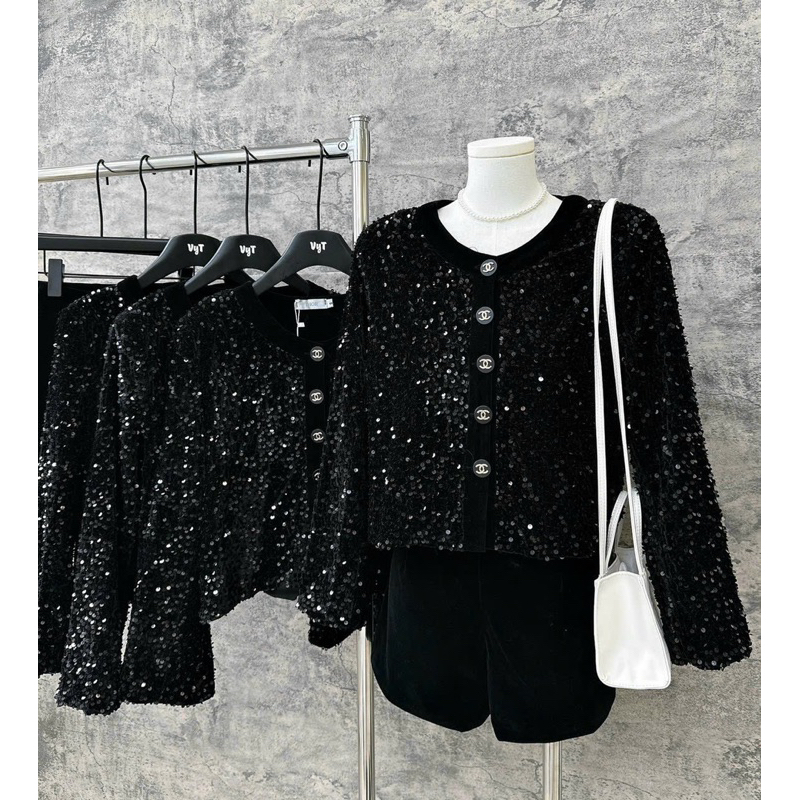 Áo Kim Sa Phối Nhung Áo 2 Lớp Đính Khuy Sang Chảnh