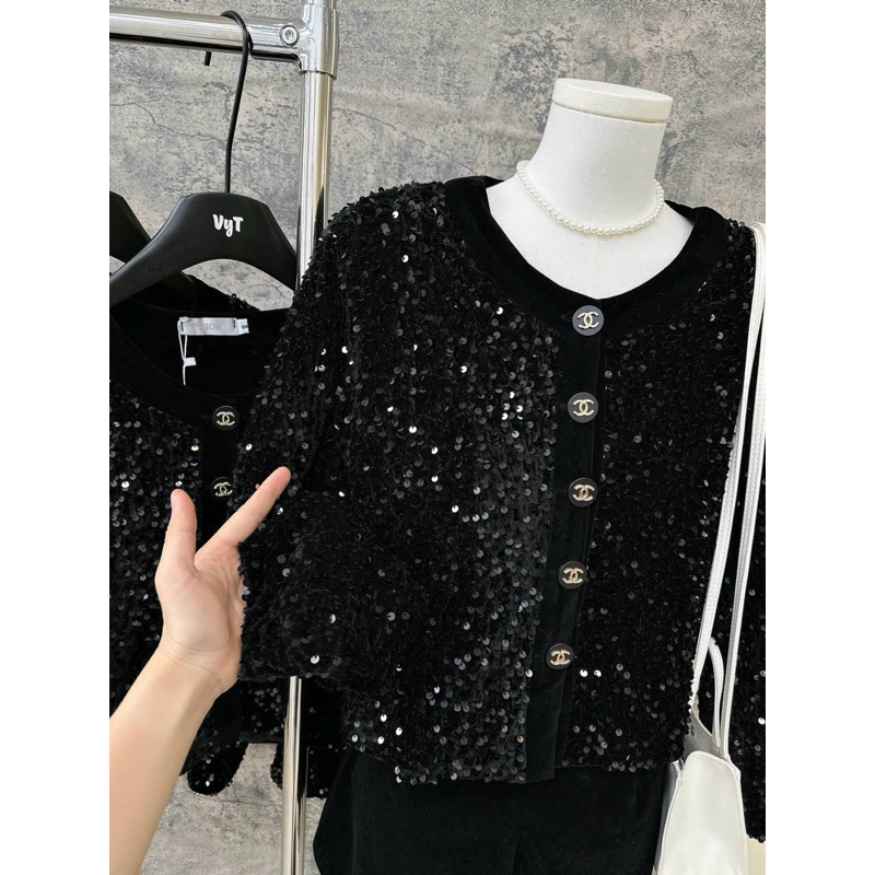 Áo Kim Sa Phối Nhung Áo 2 Lớp Đính Khuy Sang Chảnh