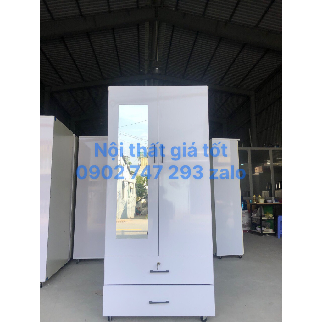 Tủ quần áo 2 cánh mở có gương ngoài Nhựa Đài Loan Cao Cấp, Bền 1M8*84CM Màu Trắng-miễn ship 0đ