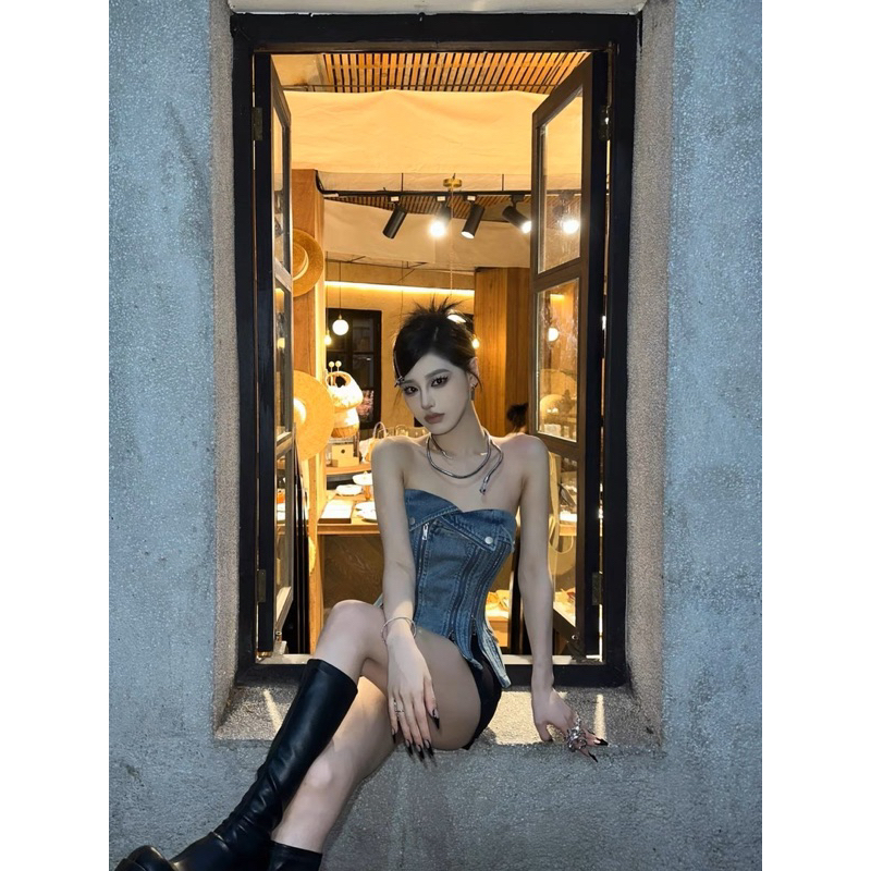 ROSALEE  Áo croptop ôm eo chất jeans cá tính cho nữ lila Top