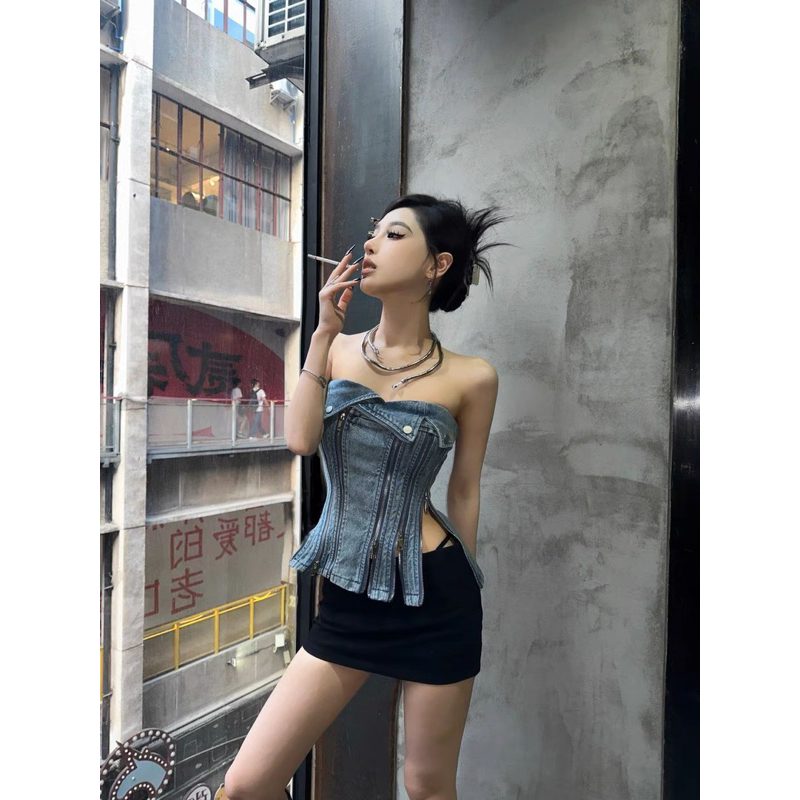 ROSALEE  Áo croptop ôm eo chất jeans cá tính cho nữ lila Top