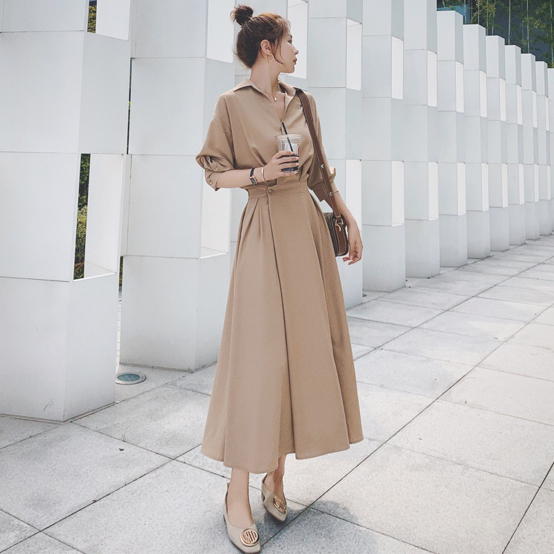 Đầm xòe tay dài cổ sơ mi phong cách PHÁP