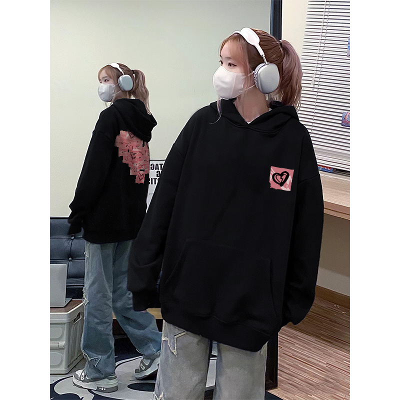 Áo nỉ cotton Đen có mũ nữ unisex thời trang local brand Salute Hoodie Hàn Quốc cho đẹp in Trái tim