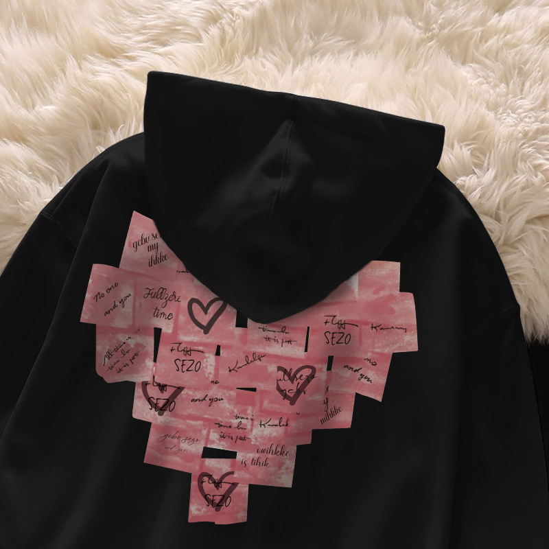 Áo nỉ cotton Đen có mũ nữ unisex thời trang local brand Salute Hoodie Hàn Quốc cho đẹp in Trái tim