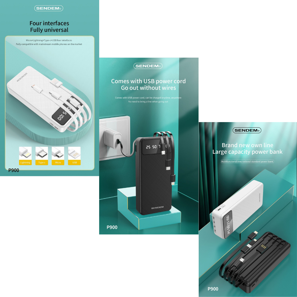 Sạc Dự Phòng Sendem P900, Chính Hãng QTS, Dung Lượng 20000mAh, Tích Hợp 4 Loại Cáp Sạc