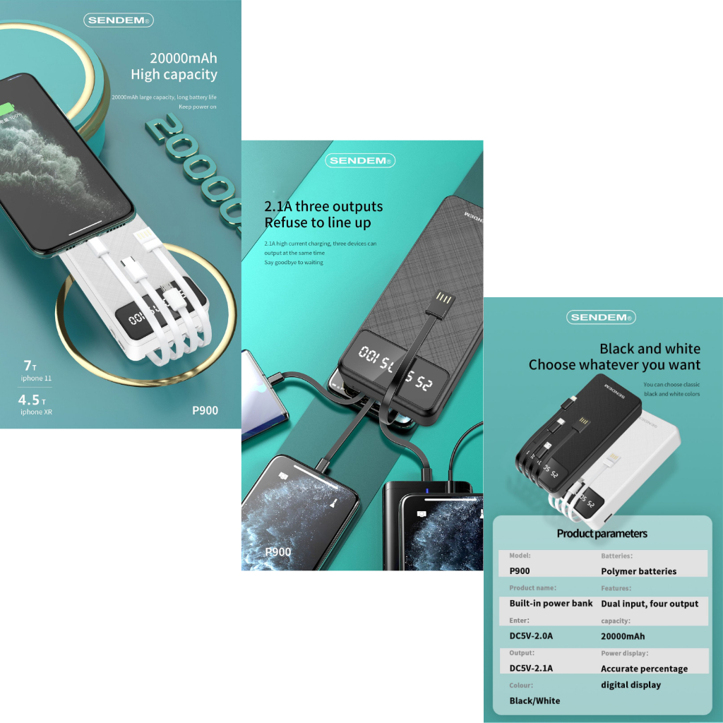Sạc Dự Phòng Sendem P900, Chính Hãng QTS, Dung Lượng 20000mAh, Tích Hợp 4 Loại Cáp Sạc