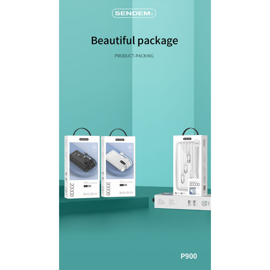 Sạc Dự Phòng Sendem P900, Chính Hãng QTS, Dung Lượng 20000mAh, Tích Hợp 4 Loại Cáp Sạc