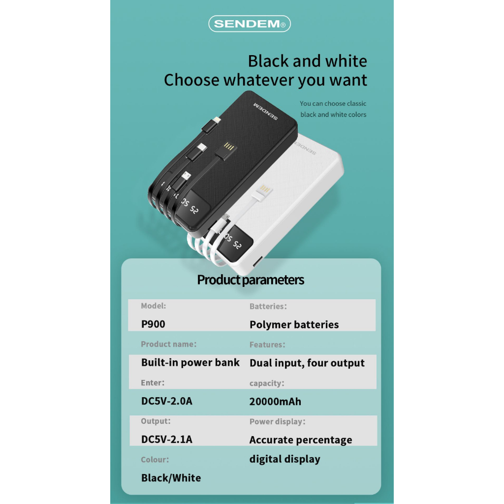 Sạc Dự Phòng Sendem P900, Chính Hãng QTS, Dung Lượng 20000mAh, Tích Hợp 4 Loại Cáp Sạc