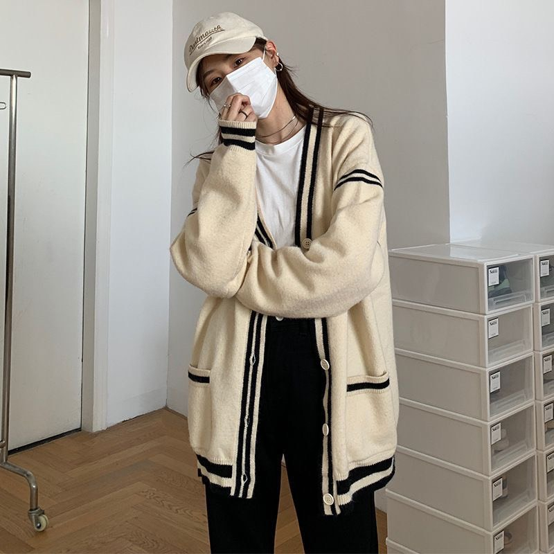 Áo Khoác Len Tay Dài Dáng Rộng, Áo Cardigan Phối 2 Sọc Viền Cổ Basic Dễ Phối Đồ Thời Trang Dành Cho Nàng Phù Hợp Mọi Lứa | BigBuy360 - bigbuy360.vn