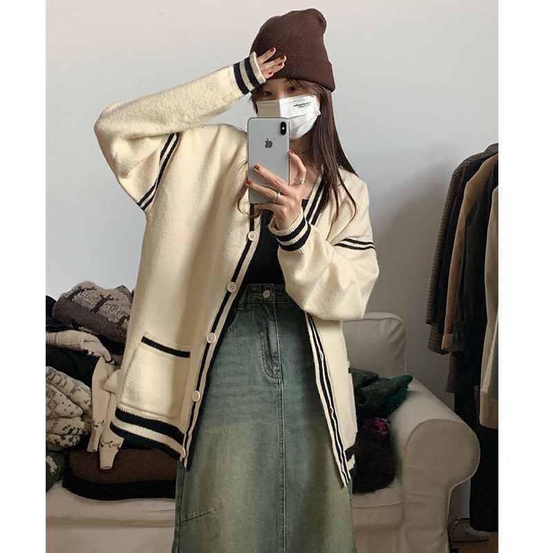 Áo Khoác Len Tay Dài Dáng Rộng, Áo Cardigan Phối 2 Sọc Viền Cổ Basic Dễ Phối Đồ Thời Trang Dành Cho Nàng Phù Hợp Mọi Lứa | BigBuy360 - bigbuy360.vn