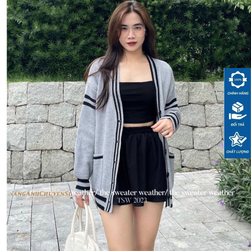 Áo Khoác Len Tay Dài Dáng Rộng, Áo Cardigan Phối 2 Sọc Viền Cổ Basic Dễ Phối Đồ Thời Trang Dành Cho Nàng Phù Hợp Mọi Lứa