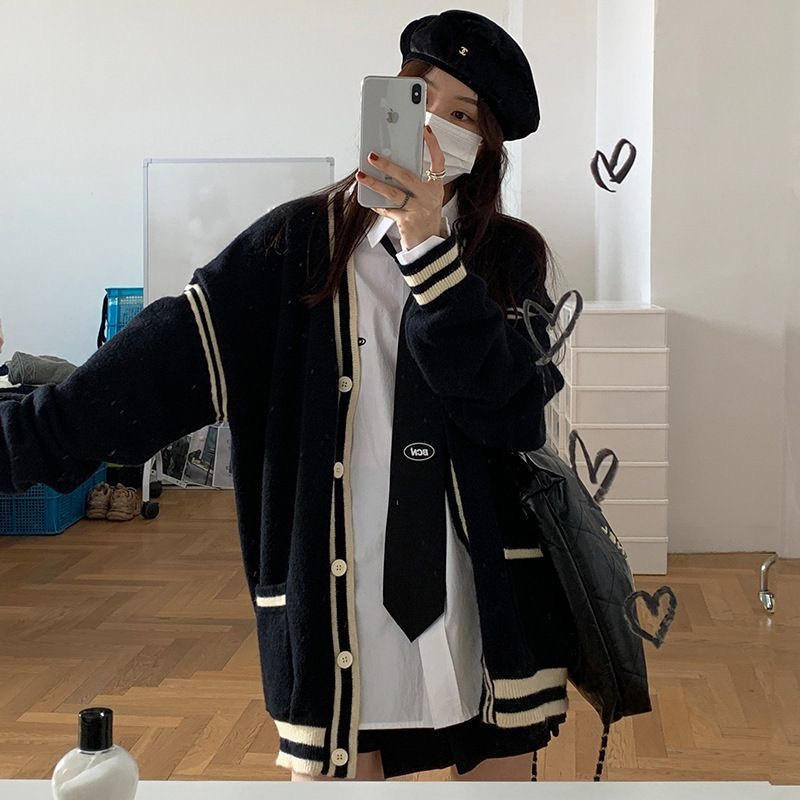 Áo Khoác Len Tay Dài Dáng Rộng, Áo Cardigan Phối 2 Sọc Viền Cổ Basic Dễ Phối Đồ Thời Trang Dành Cho Nàng Phù Hợp Mọi Lứa | BigBuy360 - bigbuy360.vn